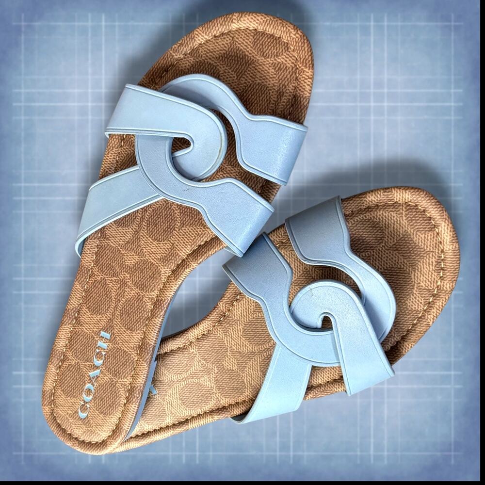 Size 8.5 COACH Light Blue Leather Signature Monogram Essie Slide Sandals EUC